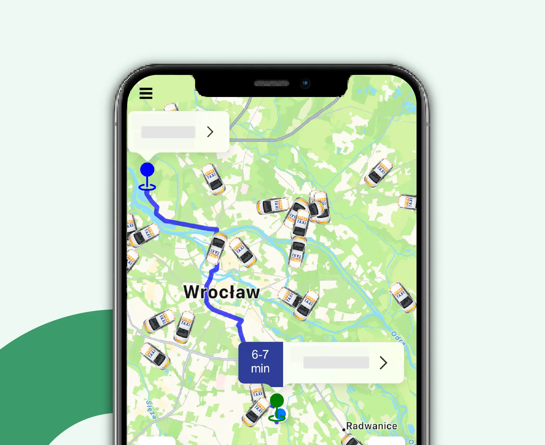 Smartphone with a map and the route of taxi.