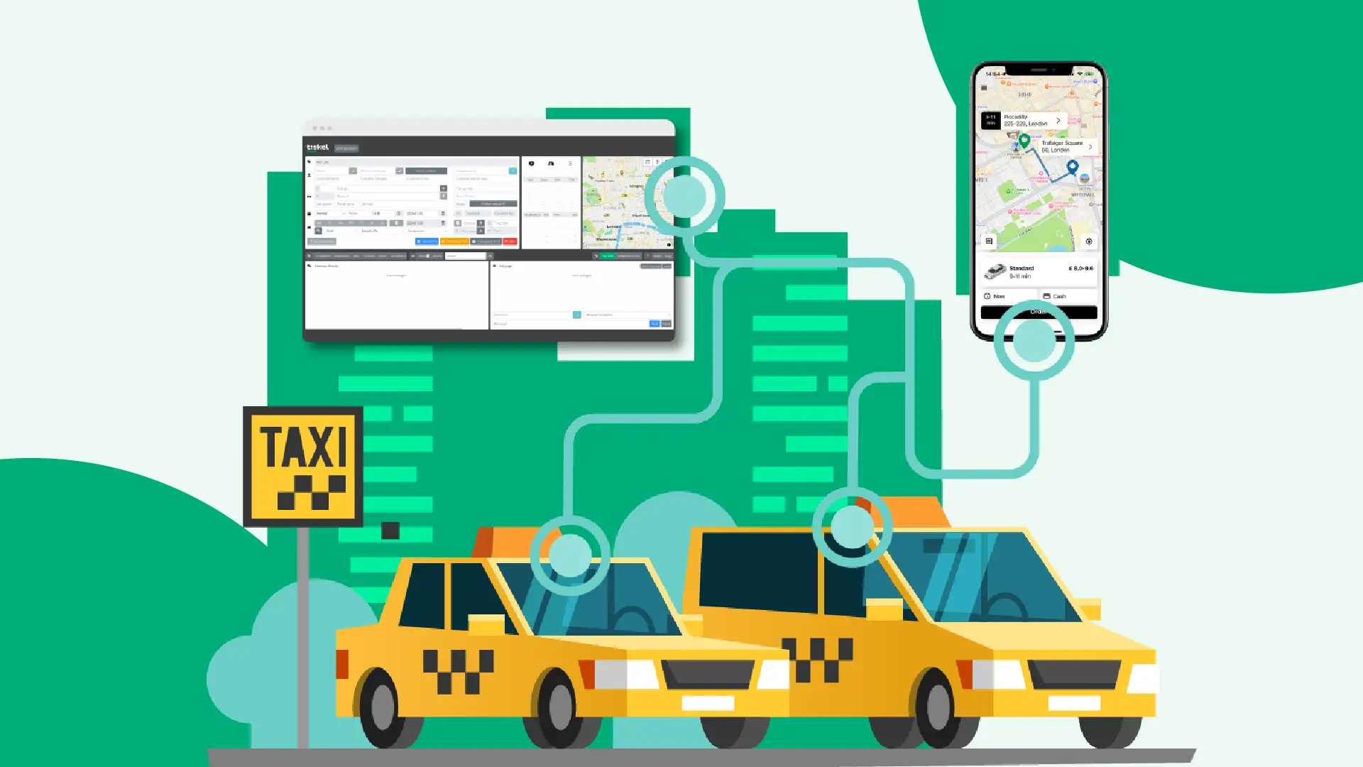 Taxis, Taxi-Dispatch-System, Telefon mit App zur Taxibuchung