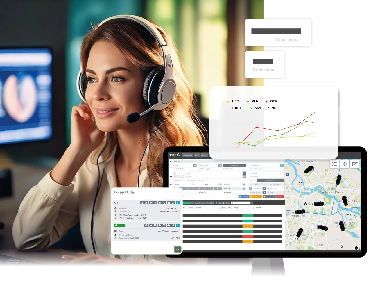 A dispatcher wearing a headset operating a taxi dispatch system. The screens display charts, a map with taxi icons, and an interface for managing orders and drivers