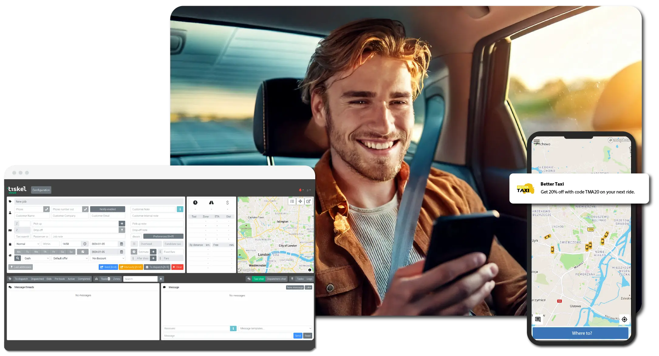 a map that tracks taxis, a taxi booking app, and a smiling boy