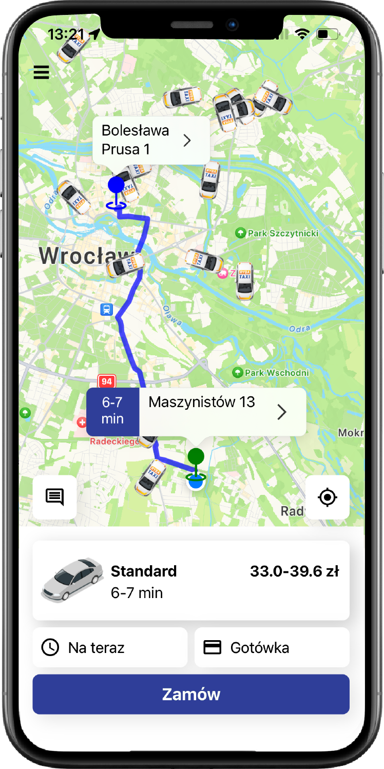 Aplikacja do zamawiania taksówek z pojazdem i mapą