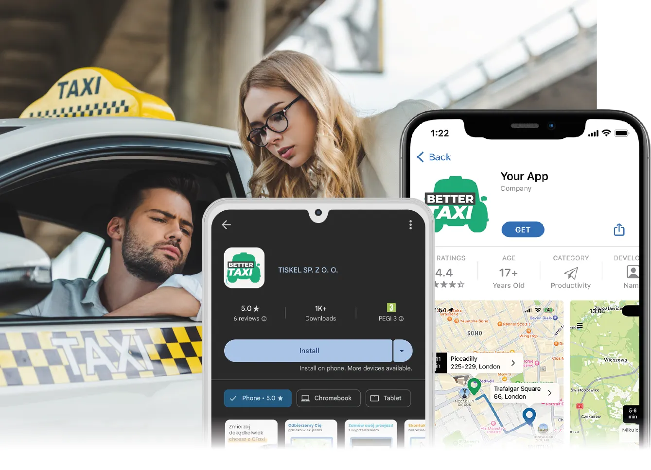 Taxi-Buchungs-App mit einem Fahrzeug und einer Karte