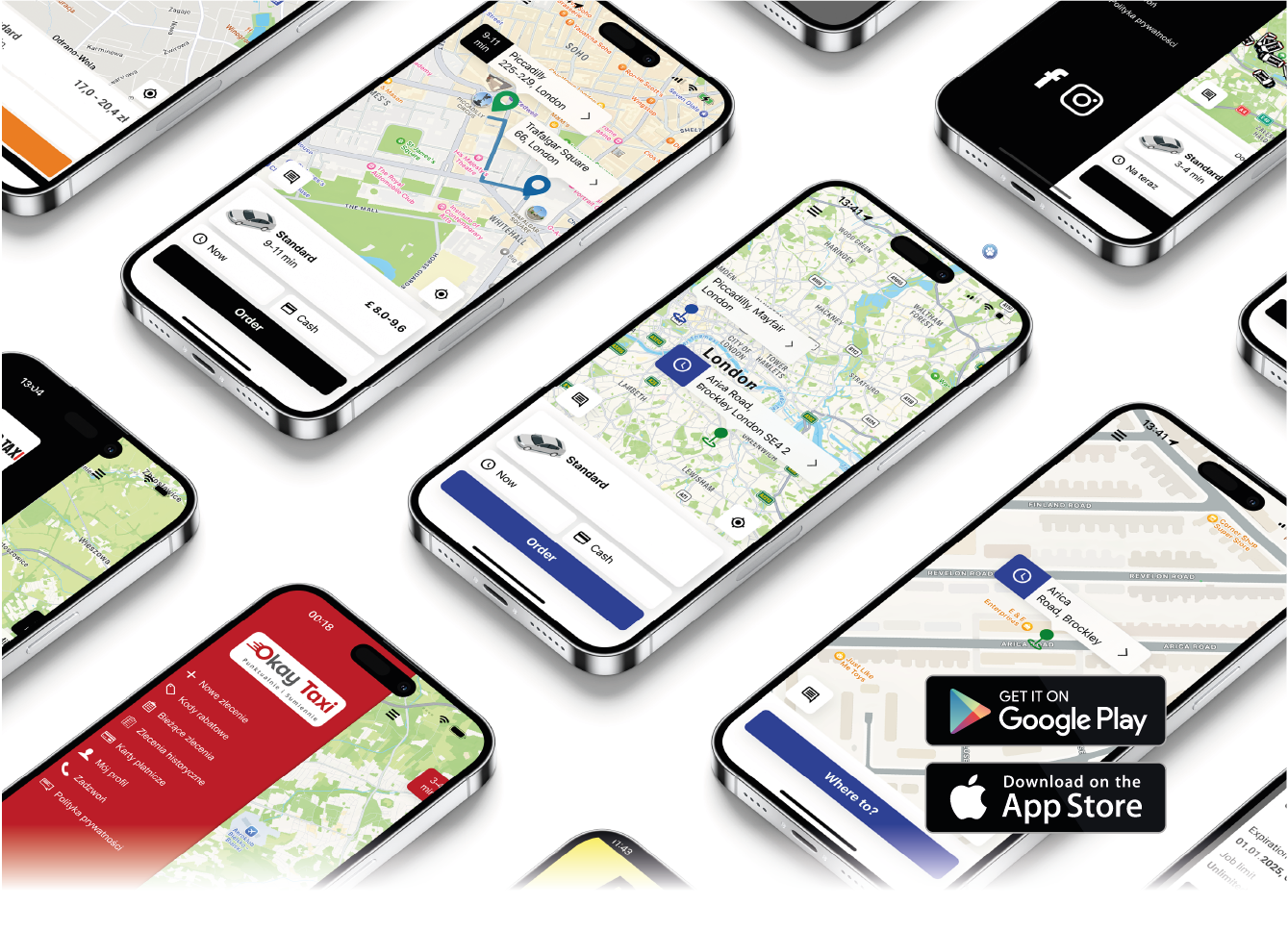 Verschiedene Bildschirme einer Taxi-Buchungs-App, die auf mehreren Smartphones angezeigt werden. Karten, Fahrtrouten und Buchungsbuttons sind auf den Bildschirmen sichtbar. In der unteren Ecke deuten die Symbole von Google Play und App Store darauf hin, dass die App heruntergeladen werden kann.