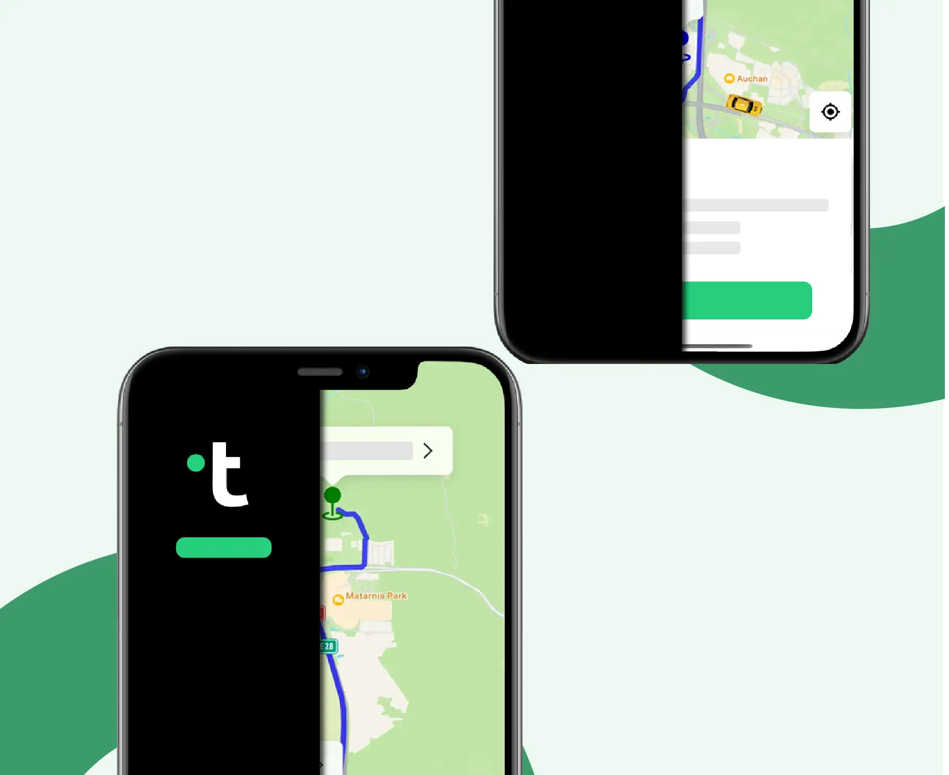 Dwa fragmenty telefonów z aplikacjami mobilnymi do zamawiania taksówek.